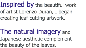 Inspired by the beautiful work of artist Lorenzo Duran, I began
creating leaf cutting artwork. The natural imagery and Japanese aesthetic complement
the beauty of the leaves.